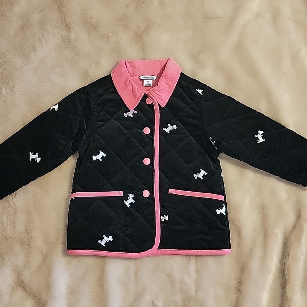 HARTSTRINGS BLACK AND PINK QUILTED JACKET WITH SCOTTISH TERRIERS, SIZE 3T